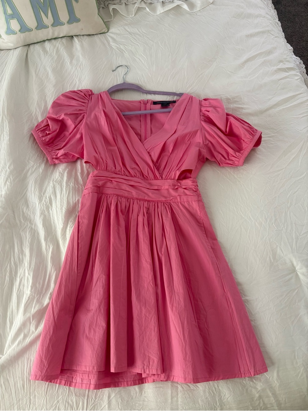 French Connection Pink Puff-Sleeve V-Neck Mini Dress